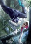  1girl ass ballet_slippers blonde_hair blurry blurry_background bodysuit eyebrow_piercing gwen_stacy highres hood hood_up hooded_bodysuit lera_pi looking_at_viewer marvel newspaper parted_lips piercing silk solo spider-gwen spider-man:_into_the_spider-verse spider-man_(series) spider_web spider_web_print stairs upside-down window 