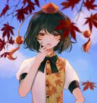  1girl autumn_leaves bangs black_bow black_bowtie black_hair blue_sky bow bowtie branch brown_eyes buttons clouds cloudy_sky collared_shirt commentary_request eyebrows_visible_through_hair grey_shirt hair_between_eyes hand_on_own_face hand_up hat hourai_kiriri leaf leaf_print looking_away open_mouth pom_pom_(clothes) puffy_short_sleeves puffy_sleeves red_headwear shameimaru_aya shirt short_hair short_sleeves sky solo tokin_hat touhou upper_body 