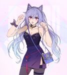  1girl absurdres animal_ears black_legwear blush bracelet breasts cat_ears choker clothing_request fake_animal_ears fashion gem genshin_impact hairband highres jewelry keqing_(genshin_impact) long_hair looking_at_viewer necklace pale_skin purple_hair shohje solo twintails violet_eyes 