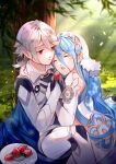  1boy 1girl absurdres armor azura_(fire_emblem) bangs bare_shoulders black_gloves blue_cape blue_hair cape closed_eyes commentary commission corrin_(fire_emblem) corrin_(fire_emblem)_(male) creyton detached_sleeves dress english_commentary eyebrows_visible_through_hair feeding fire_emblem fire_emblem_fates food fruit gloves grass hair_between_eyes head_on_another&#039;s_shoulder highres holding holding_food holding_fruit long_hair open_mouth outdoors plate pointy_ears red_eyes short_hair silver_hair sitting strawberry teeth tree upper_teeth veil very_long_hair white_dress 
