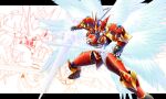  angel_wings armor black_border border commentary digimon digimon_(creature) dual_wielding dukemon dukemon_crimson_mode feathered_wings fighting_stance full_body gauntlets gerukizoku glowing gold_trim helmet holding holding_polearm holding_sword holding_weapon large_wings legs_apart looking_at_viewer mecha polearm pose red_armor solo_focus standing sword weapon wings yellow_eyes 
