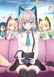 4girls animal_ears arisu_(blue_archive) black_hair black_skirt blonde_hair blue_archive blue_bow blue_eyes blue_necktie bow breasts cat_ear_headphones ceiling_light closed_mouth collared_shirt commentary_request controller couch dress_shirt fake_animal_ears game_controller goyain green_eyes grey_hair hair_bow halo headphones highres holding indoors jacket long_hair matching_hairstyle medium_breasts midori_(blue_archive) momoi_(blue_archive) multiple_girls necktie nintendo_switch off_shoulder on_couch open_clothes open_jacket parted_lips plant pleated_skirt potted_plant red_eyes shiroko_(blue_archive) shirt sidelocks sitting skirt suspender_skirt suspenders suspenders_slip v-shaped_eyebrows white_jacket white_shirt window 
