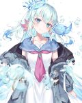  1girl axolotl_girl bangs blue_eyes blue_hair blush bubble collarbone flat_chest head_tilt highres hood hooded_jacket jacket lee_on liquid_hair liquid_halo long_hair neckerchief nijisanji nijisanji_kr off_shoulder pink_neckerchief sailor_collar sleeves_past_wrists smile solo teacup_(teacup1031) very_long_hair virtual_youtuber white_background 