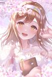  1girl :d adjusting_hair bangs book branch brown_eyes cherry_blossoms cherry_tree collarbone eyebrows_visible_through_hair falling_petals fingernails hairband hand_up highres holding holding_book kunikida_hanamaru long_hair looking_at_viewer love_live! love_live!_sunshine!! petals see-through shirt smile solo usamaru67pi white_shirt 