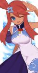  &gt;_o 1girl ;d blue_eyes breasts commentary_request formal hair_ornament highres long_hair looking_at_viewer medium_breasts nuneno one_eye_closed one_side_up open_mouth pokemon pokemon_(game) pokemon_masters_ex redhead short_hair_with_long_locks sidelocks skyla_(pokemon) smile solo tied_hair 