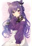 1girl adapted_costume bare_shoulders blush bow braid casual double_bun flower genshin_impact hair_bow hair_bun hair_flower hair_ornament highres keqing_(genshin_impact) long_hair long_sleeves plaid plaid_scarf purple_hair purple_sweater scarf shirase_(shirose) skirt smile sweater twintails violet_eyes white_skirt 