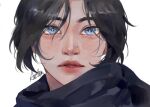  1girl apex_legends arc4na artist_name bangs black_hair black_scarf blue_eyes eyebrows_behind_hair face lips nose_piercing parted_bangs parted_lips piercing portrait realistic scarf solo white_background wraith_(apex_legends) 