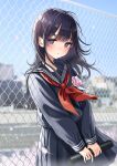  1girl absurdres bangs black_hair black_sailor_collar black_serafuku black_shirt black_skirt blue_eyes blue_sky blurry blurry_background blush chain-link_fence commentary_request day depth_of_field eyebrows_visible_through_hair fence flower graduation highres holding kentaurosu long_hair looking_at_viewer neckerchief original outdoors parted_lips pink_flower pink_rose pleated_skirt red_neckerchief rose sailor_collar school_uniform serafuku shirt skirt sky solo tube 