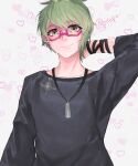  1boy amami_rantarou bangs danganronpa_(series) danganronpa_v3:_killing_harmony ear_piercing earrings eyebrows_visible_through_hair green_eyes heart highres jewelry long_sleeves male_focus necklace piercing pink-framed_eyewear piro_(piropoi) semi-rimless_eyewear short_hair simple_background smile solo upper_body 