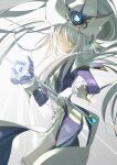  1girl blue_dress breasts closed_eyes closed_mouth dress duel_monster gloves hat highres hip_vent holding holding_staff long_hair silent_magician small_breasts solo staff very_long_hair white_gloves white_hair white_headwear yu-gi-oh! yuthie 