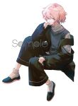  1boy black_jacket black_pants collared_shirt commentary_request dress_shirt full_body highres jacket looking_at_viewer male_focus open_clothes open_jacket orange_eyes original orniflop pants pink_hair sample_watermark shirt shoes short_hair simple_background sitting smile socks sweater_vest watermark white_background white_shirt 