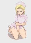  1girl absurdres alternate_costume android_18 blonde_hair blue_eyes breasts commentary_request dragon_ball earrings full_body hat high_heels highres holding_own_arm jewelry kneeling looking_at_viewer nurse nurse_cap rokoido12 short_hair solo 