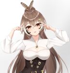  1girl arms_up belt brown_corset brown_eyes brown_hair cleavage_cutout clothing_cutout corset dagger double_v feather_hair_ornament feathers hair_ornament hairclip highres hololive hololive_english kakiiro416 knife long_hair looking_at_viewer nanashi_mumei parted_lips ponytail shirt solo v very_long_hair virtual_youtuber weapon white_shirt 