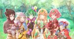 5girls bangs breasts chest_jewel drawing green_hair headpiece highres large_breasts morag_ladair_(xenoblade) multiple_girls mythra_(xenoblade) nia_(xenoblade) pandoria_(xenoblade) poppi_(xenoblade) pyra_(xenoblade) red_eyes red_shorts redhead short_hair shorts sofusan1526 swept_bangs tiara xenoblade_chronicles_(series) xenoblade_chronicles_2 