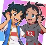  2boys :d ash_ketchum bangs black_hair blue_eyes blue_jacket brown_eyes commentary eyelashes goh_(pokemon) grey_shirt hand_up headphones jacket male_focus multiple_boys open_mouth pokemon pokemon_(anime) pokemon_swsh_(anime) sara_bonetti shirt short_hair short_sleeves sleeveless sleeveless_jacket smile t-shirt teeth tongue upper_teeth watermark white_shirt 