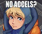  1girl apex_legends bangs blonde_hair blue_eyes blue_headwear bodysuit english_text eyebrows_visible_through_hair freckles highres hood hooded_jacket impact_(font) jacket lila_(lilakeylk) looking_at_viewer meme no_bitches?_(meme) orange_jacket portrait ribbed_bodysuit scar scar_on_cheek scar_on_face solo wattson_(apex_legends) worried 