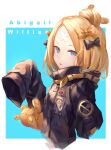  1girl abigail_williams_(fate) bandaid bandaid_on_face bandaid_on_forehead black_bow black_coat blonde_hair blue_background blue_eyes bow character_name coat commentary_request fate/grand_order fate_(series) hair_bow hair_bun kami_otona long_hair long_sleeves parted_lips sleeves_past_fingers sleeves_past_wrists solo stuffed_animal stuffed_toy teddy_bear upper_body white_background yellow_bow 