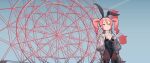  1girl absurdres animal_ears arms_at_sides black_leotard breasts covered_navel english_commentary fake_animal_ears ferris_wheel from_below green_eyes highres leotard original pantyhose pink_hair playboy_bunny rabbit_ears saaal653 see-through_sleeves shrug_(clothing) small_breasts solo thigh-highs twintails 