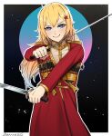  1girl artist_name bangs blonde_hair blue_eyes blush closed_mouth commission cossack darkpulsegg english_commentary eyebrows_visible_through_hair girls_frontline hair_ornament holding holding_sword holding_weapon lips long_hair looking_at_viewer moon mosin-nagant_(girls&#039;_frontline) red_uniform saber_(weapon) shashka simple_background smile solo standing star_(symbol) star_hair_ornament sword uniform weapon 