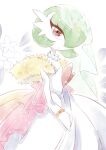  1girl artist_name bangs bare_shoulders bob_cut bracelet closed_mouth clothed_pokemon colored_skin commentary cowboy_shot dated dress elbow_gloves flat_chest flower fur_(clothing) fur_collar gardevoir gloves green_hair hair_over_one_eye highres jewelry jinyui_numa looking_at_viewer mega_gardevoir mega_pokemon one_eye_closed own_hands_together pokemon pokemon_(creature) red_eyes see-through short_hair signature solo standing strapless strapless_dress veil white_background white_flower white_gloves white_skin 