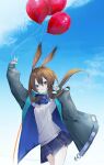  0_(znanimo) 1girl amiya_(arknights) animal_ear_fluff animal_ears arknights balloon bangs black_jacket blue_eyes blue_neckwear blue_skirt blue_sky brown_hair clouds commentary day eyebrows_visible_through_hair hair_between_eyes highres jacket long_hair long_sleeves low_ponytail open_clothes open_jacket outdoors pleated_skirt ponytail puffy_long_sleeves puffy_sleeves rabbit_ears shirt skirt sky sleeves_past_wrists solo symbol-only_commentary very_long_hair white_shirt 