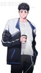  1boy artist_name black_hair blush brown_eyes cafe jacket looking_at_viewer male_focus mongz muscular muscular_male original pants shirt solo spiky_hair t-shirt text_focus thick_eyebrows track_pants 