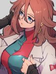  1girl android_21 blue_eyes breasts dragon_ball dragon_ball_fighterz earrings glasses grey_background hair_between_eyes hoop_earrings jewelry kemachiku labcoat long_hair looking_to_the_side medium_breasts red_ribbon_army redhead simple_background solo upper_body 