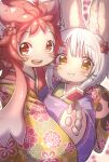  2girls :3 animal_ears bandam china_dress chinese_clothes commentary_request dress furry highres long_hair looking_at_viewer made_in_abyss mitty_(made_in_abyss)_(furry) multiple_girls nanachi_(made_in_abyss) open_mouth red_eyes redhead simple_background smile whiskers white_hair yellow_eyes 