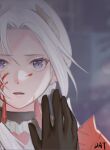  1girl black_gloves blood blood_on_face commentary da-cart edelgard_von_hresvelg fire_emblem fire_emblem:_three_houses fire_emblem_warriors:_three_hopes forehead gloves highres looking_at_viewer mirror parted_lips portrait short_hair silver_hair solo violet_eyes 