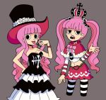  :p belt black_and_white_dress black_dress black_hat black_nails blue_eyes cleavage crown eyelashes grey_background hat lipstick looking_at_viewer marreeps navel one_piece open_mouth perona pink_hair smile timeskip tongue_out twintails 
