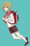  1boy absurdres backpack bag blue_background brown_footwear brown_shirt dear_vocalist full_body green_hair highres long_sleeves looking_at_viewer male_focus momochi_(dear_vocalist) pale_skin ptping shirt shoes shorts solo violet_eyes white_legwear white_shirt 