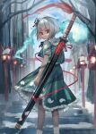  1girl absurdres black_bow black_hairband black_ribbon blue_eyes bob_cut bow dress feet_out_of_frame frilled_skirt frills green_dress green_skirt hair_ribbon hairband henginnnnnn highres katana konpaku_youmu red_ribbon ribbon short_hair skirt solo sword touhou weapon white_hair 