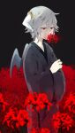  1boy dragon_boy dragon_horns dragon_wings end_roll flower grey_background grey_hair horns japanese_clothes kantera_(end_roll) kimono looking_down looking_to_the_side male_focus pale_skin red_eyes s_kouzi short_hair smelling_flower solo wavy_hair wings 