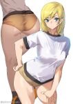  1girl absurdres ashiomi_masato ass bangs bare_legs blonde_hair blue_eyes blush breasts buruma butt_crack guilty_gear guilty_gear_strive gym_shirt gym_shorts gym_uniform hair_between_eyes hand_on_hip highres long_hair medium_breasts millia_rage multiple_views pose shirt short_sleeves shorts simple_background twitter_username white_background white_shirt yellow_buruma 