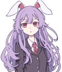  1girl animal_ears black_jacket blazer buttons collared_shirt hair_between_eyes highres jacket kame_(kamepan44231) long_hair long_sleeves necktie one-hour_drawing_challenge open_mouth purple_hair rabbit_ears red_eyes red_necktie reisen_udongein_inaba shirt simple_background solo touhou upper_body white_background white_shirt 
