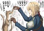  blonde_hair blue_eyes blue_jacket braid brooch brown_gloves cat dress gloves green_brooch hair_ribbon highres jacket jewelry kyoto_animation mechanical_arms mechanical_hands necklace omachi_(slabco) prosthesis prosthetic_arm prosthetic_hand red_ribbon ribbon single_mechanical_hand violet_evergarden violet_evergarden_(series) 
