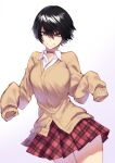  1girl black_eyes black_hair breasts choker commentary cowboy_shot grin hair_between_eyes highres large_breasts looking_at_viewer original plaid plaid_skirt re_(re_09) school_uniform shiny shiny_hair shirt short_hair skirt sleeves_past_wrists smile solo tan_sweater thighs tomboy white_shirt 