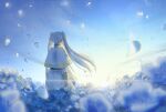  1girl arms_at_sides belt blue_flower blue_sky blue_theme capelet dress earrings elf facing_away field floating_hair flower flower_field frieren glint highres jewelry long_hair long_sleeves nature petals pointy_ears scenery silver_hair sky solo sousou_no_frieren standing twintails white_capelet white_dress wind xbxbx 
