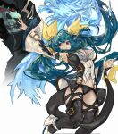  1girl angel_wings armpits asymmetrical_wings belt black_legwear black_panties blue_hair breasts dizzy_(guilty_gear) found_modori green_eyes guilty_gear guilty_gear_xrd hair_ribbon hair_rings highres ice large_breasts long_hair looking_at_viewer midriff monster_girl multiple_girls navel necro_(guilty_gear) open_mouth panties parted_lips red_eyes ribbon simple_background stomach tail tail_ornament tail_ribbon thigh-highs thigh_strap thighs twintails underwear undine_(guilty_gear) white_background wide_sleeves wings yellow_ribbon 
