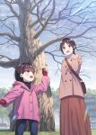  1boy 2girls arms_behind_back bag black_hair blue_pants blush child coat eyebrows_visible_through_hair gloves highres koh_rd loli long_skirt mother_and_daughter official_art open_mouth original pants park pink_coat red_gloves short_hair skirt smile tree 