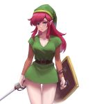  1girl athenawyrm belt blue_eyes boots breasts genderswap genderswap_(mtf) green_headwear hat highres large_breasts link link_(shounen_captain) long_hair long_sleeves looking_at_viewer pointy_ears redhead shield simple_background solo standing sword the_legend_of_zelda the_legend_of_zelda_(nes) tunic weapon white_background 