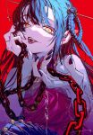  +_+ 1girl bangs bare_shoulders black_nails blue_hair braid chain fangs hair_between_eyes hair_ornament hair_rings highres long_hair looking_at_viewer open_mouth original pointy_ears red_background red_eyes red_lips rolua smile solo vampire 