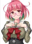  1girl absurdres ahoge bow bowtie breasts brown_eyes glasses green_hair grey_sailor_collar highres juliet_sleeves kantai_collection large_breasts long_sleeves multicolored_hair pink-framed_eyewear pink_hair puffy_sleeves red_bow red_bowtie ruin_re_birth sailor_collar school_uniform serafuku short_hair smile solo streaked_hair two-tone_hair ume_(kancolle) upper_body 