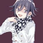  1boy bangs buttons checkered_clothes checkered_scarf danganronpa_(series) danganronpa_v3:_killing_harmony double-breasted fuyuyama_fuyu grey_jacket hair_between_eyes hand_up jacket long_sleeves looking_at_viewer male_focus medium_hair open_mouth ouma_kokichi red_background scarf shiny shiny_hair simple_background solo teeth tongue 