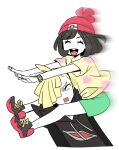  1boy 1girl blonde_hair closed_eyes gladion_(pokemon) hood hoodie motion_blur no_pupils pokemon pokemon_(game) pokemon_sm red_headwear rnehrdyd1212 selene_(pokemon) shirt short_hair smile teeth upper_teeth white_background wristband yellow_shirt 