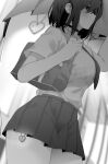  1girl bag blurry blurry_background blush bra bra_visible_through_clothes breasts choker collared_shirt greyscale heart highres large_breasts monochrome necktie original pleated_skirt ryouma_(galley) school_bag school_uniform shirt shirt_tucked_in short_hair short_sleeves skirt solo underwear zoom_layer 
