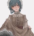  1girl blue_eyes blue_hair blue_nails brown_dress chin_strap closed_mouth clothes_lift commentary dress frilled_dress frills grey_background long_sleeves looking_at_viewer maid_headdress original petticoat pinafore_dress short_hair simple_background skirt skirt_lift solo tayumeru upper_body white_skirt 