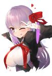  1girl absurdres bangs bb_(fate) black_jacket breasts chinese_commentary closed_mouth commentary_request cropped_torso eyebrows_visible_through_hair fate/grand_order fate_(series) gloves hair_ribbon heart highres jacket kami_otona large_breasts long_hair neck_ribbon one_eye_closed purple_hair red_ribbon ribbon shirt simple_background smile solo upper_body v violet_eyes white_background white_gloves white_shirt 