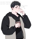  1boy artist_name black_hair blush brown_eyes cafe cold finger_to_face jacket male_focus mongz one_eye_closed original sleepy solo spiky_hair sweater text_focus thick_eyebrows 