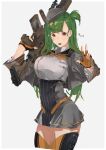  1girl artist_name bangs blush breasts cropped_legs dress eyebrows_visible_through_hair fingerless_gloves g28_(girls&#039;_frontline) girls_frontline gloves green_hair grey_dress grey_headwear gun h&amp;k_g28 hair_ornament hairclip hat highres holding holding_gun holding_weapon large_breasts long_hair looking_at_viewer military military_hat military_uniform open_mouth orange_gloves orange_legwear over_shoulder red_eyes side_ponytail solo standing sutekina_awa teeth thigh-highs uniform upper_teeth v weapon weapon_over_shoulder white_background 